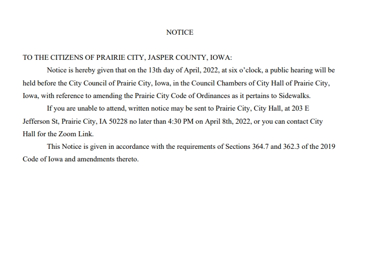 Public Notice for Sidewalk Ordinance @ City Hall & Zoom