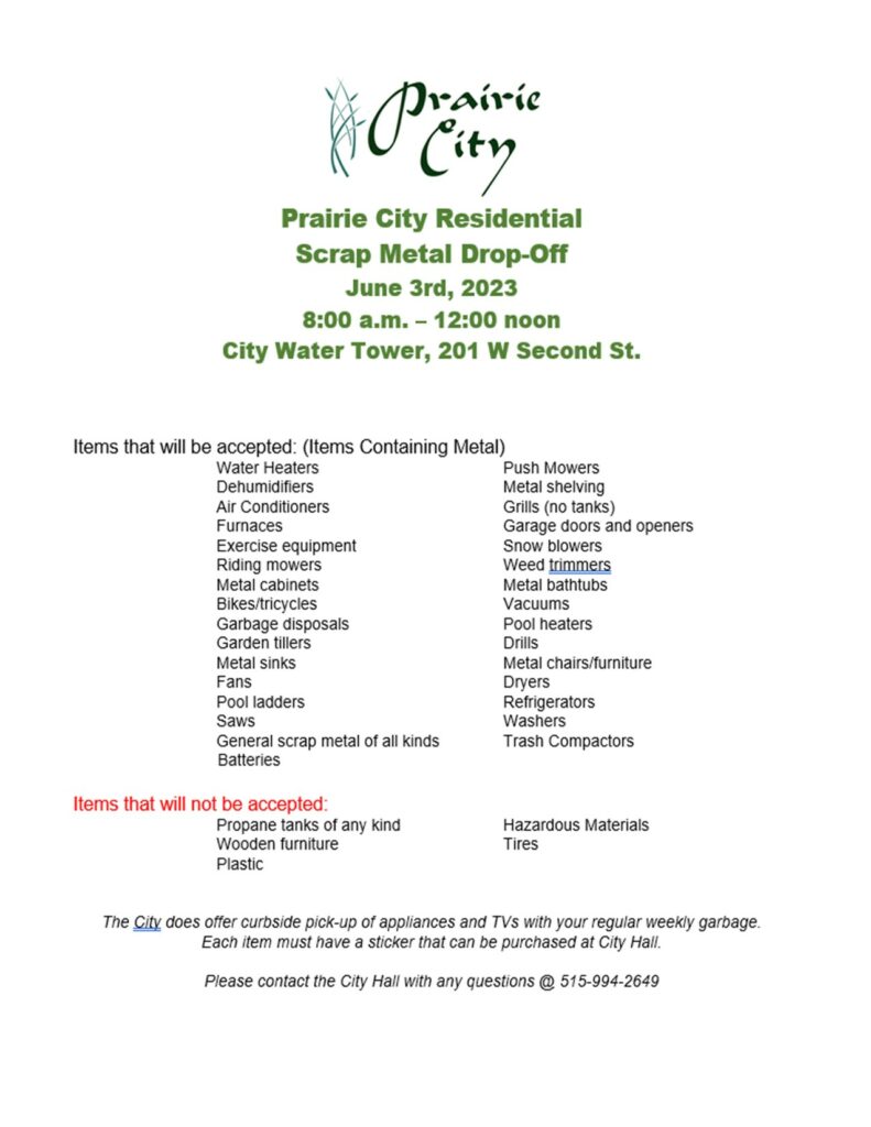 Scrap Metal Dropoff - see flyer for details @ City Water Tower