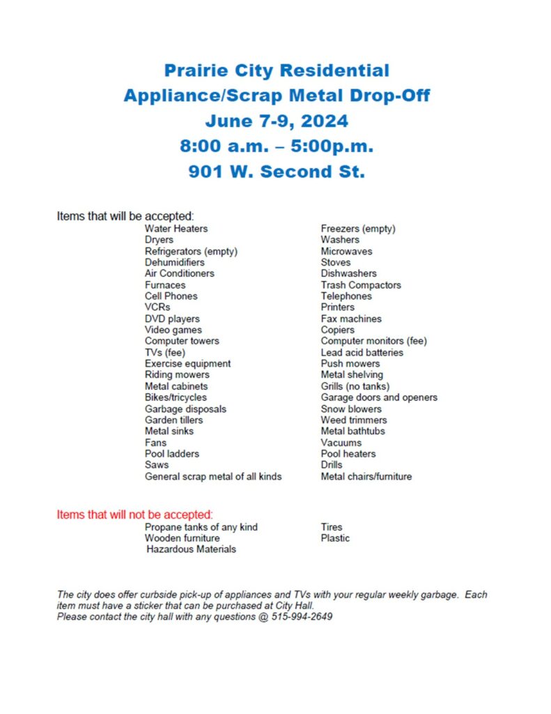 Prairie City Residential Appliance/Scrap Metal Drop Off Days
